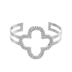 Silver Rhinestone Four Leaf Clover Open Cuff Bracelet Glam Statement Jewelry NEW